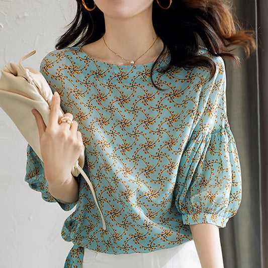 Blusa de gasa estilo primavera-verano para mujer, camisa de media manga con cuello redondo, informal y elegante, SP224