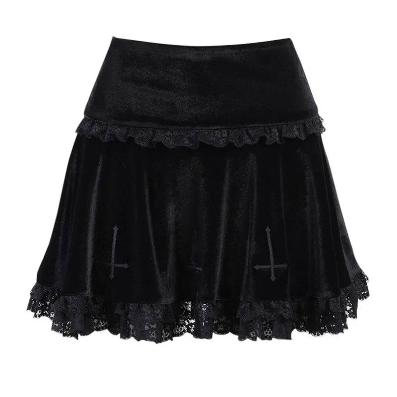 Minifalda plisada de cintura alta con estampado de cruz punk Y2K, estilo gótico grunge, de encaje negro, estilo vintage, para mujer y chica electrónica.