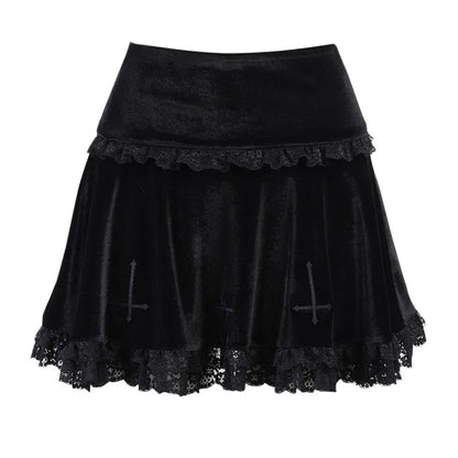 Minifalda plisada de cintura alta con estampado de cruz punk Y2K, estilo gótico grunge, de encaje negro, estilo vintage, para mujer y chica electrónica.
