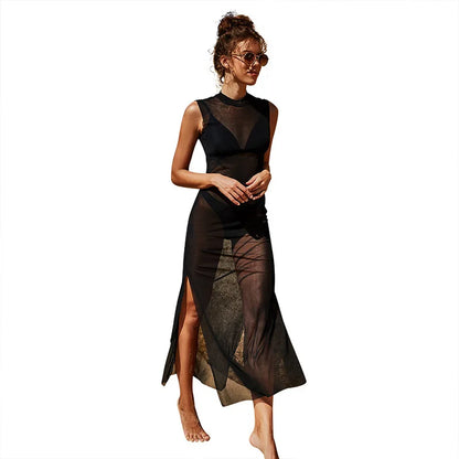 Vamos Todos 2021 Summer Solid Split Woman Dress Sleeveless See Through Beach Sexy Bikini Cover Up Elegant Mesh Black Clothing