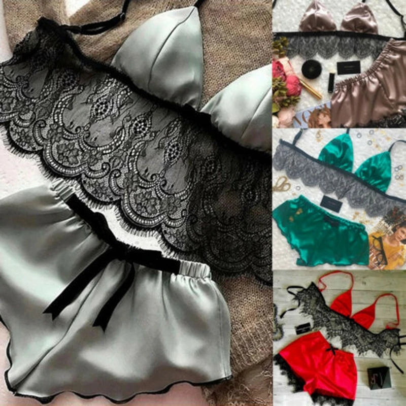 Pijamas de mujer, ropa de dormir sexy con sujetador de encaje, lencería de satén de seda, top corto, conjuntos de sujetador y pantalones cortos, cuello en V, sin mangas, ropa de dormir sin costuras, 2 piezas