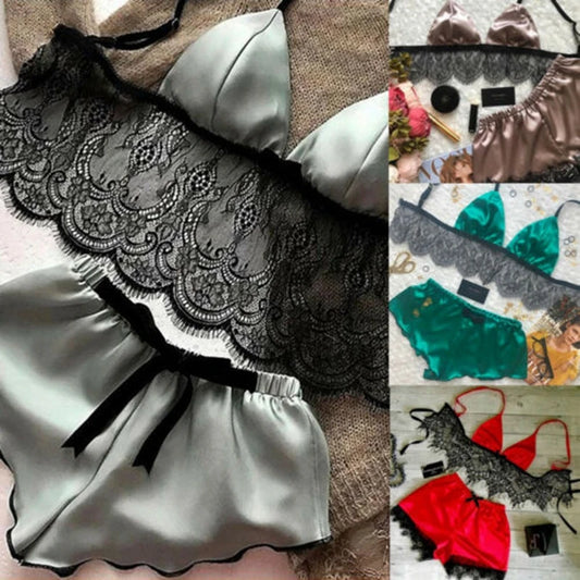 Pijamas de mujer, ropa de dormir sexy con sujetador de encaje, lencería de satén de seda, top corto, conjuntos de sujetador y pantalones cortos, cuello en V, sin mangas, ropa de dormir sin costuras, 2 piezas