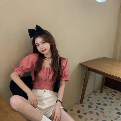 Lace up Backless Top Elegant Youth Woman Blouses Chic Fashion Short sleeve Summer Shirt Low cut Sexy  New