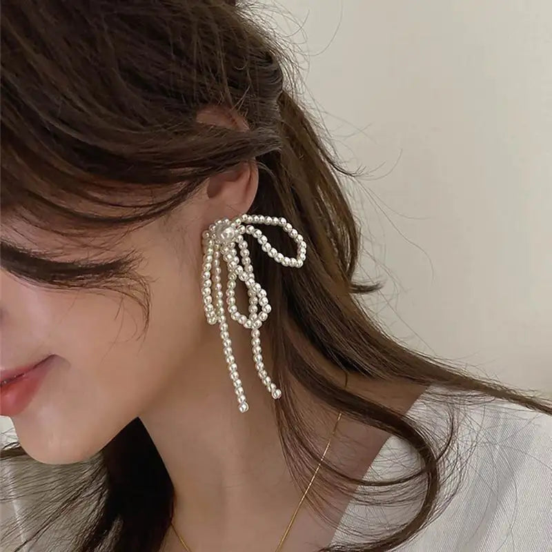 Korean Pearl Knot Big Clip Earrings Long Design by Lizakosht
