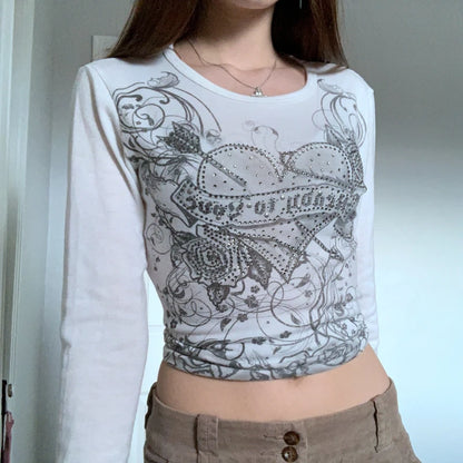 Fairycore Top White Cartoon Y2k Aesthetic T Shirt Long Sleeve O Neck Pullovers Wome Autumn Harajuku Tee Casual Basic