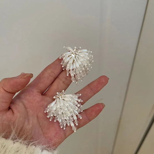 Pearl Crystal Fringed Flower Earrings Elegant Personality Studs Ms Jewelry from South Korea