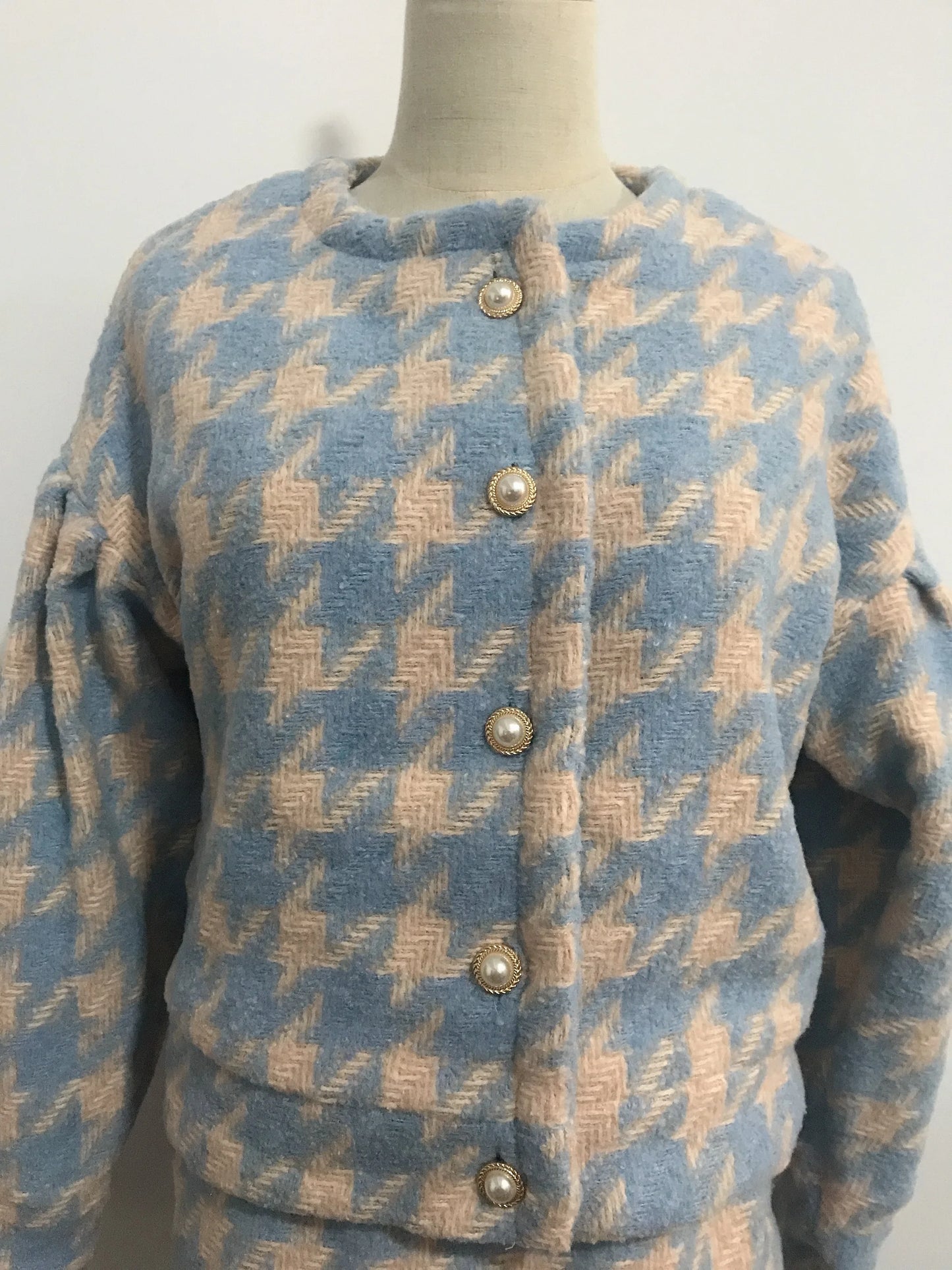 Conjunto de 2 piezas de blazer vintage a cuadros con botones de perla y cuadros vichy para mujer, cintura alta, corte en A, minifalda corta y manga larga
