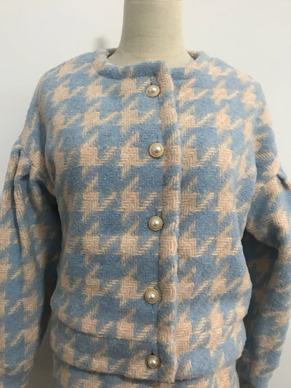 Conjunto de 2 piezas de blazer vintage a cuadros con botones de perla y cuadros vichy para mujer, cintura alta, corte en A, minifalda corta y manga larga