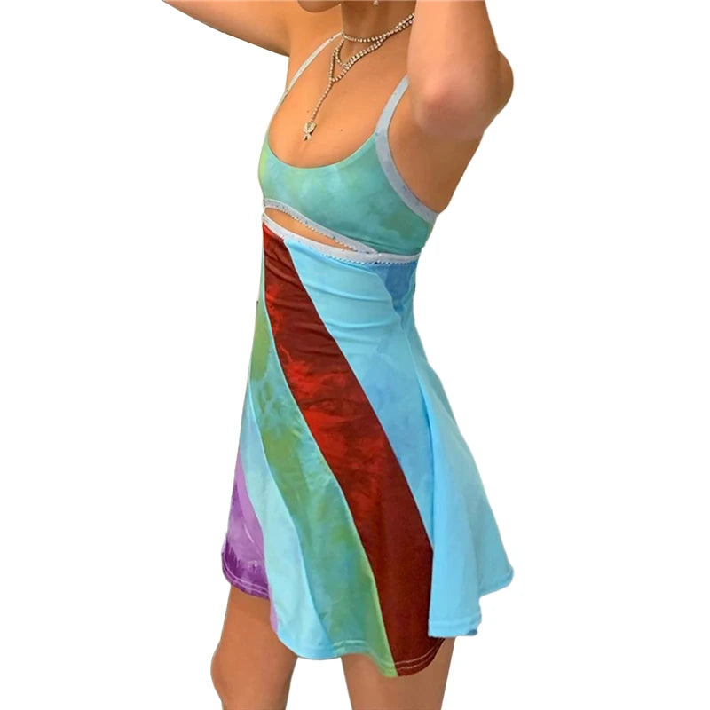 Vestido mini sexy para mujer, sin espalda, con cuello halter, sin mangas, ajustado, para verano, fiesta, playa, estilo urbano Y2K