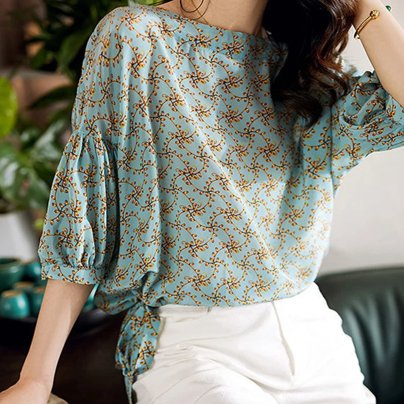 Blusa de gasa estilo primavera-verano para mujer, camisa de media manga con cuello redondo, informal y elegante, SP224