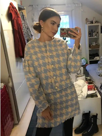 Conjunto de 2 piezas de blazer vintage a cuadros con botones de perla y cuadros vichy para mujer, cintura alta, corte en A, minifalda corta y manga larga