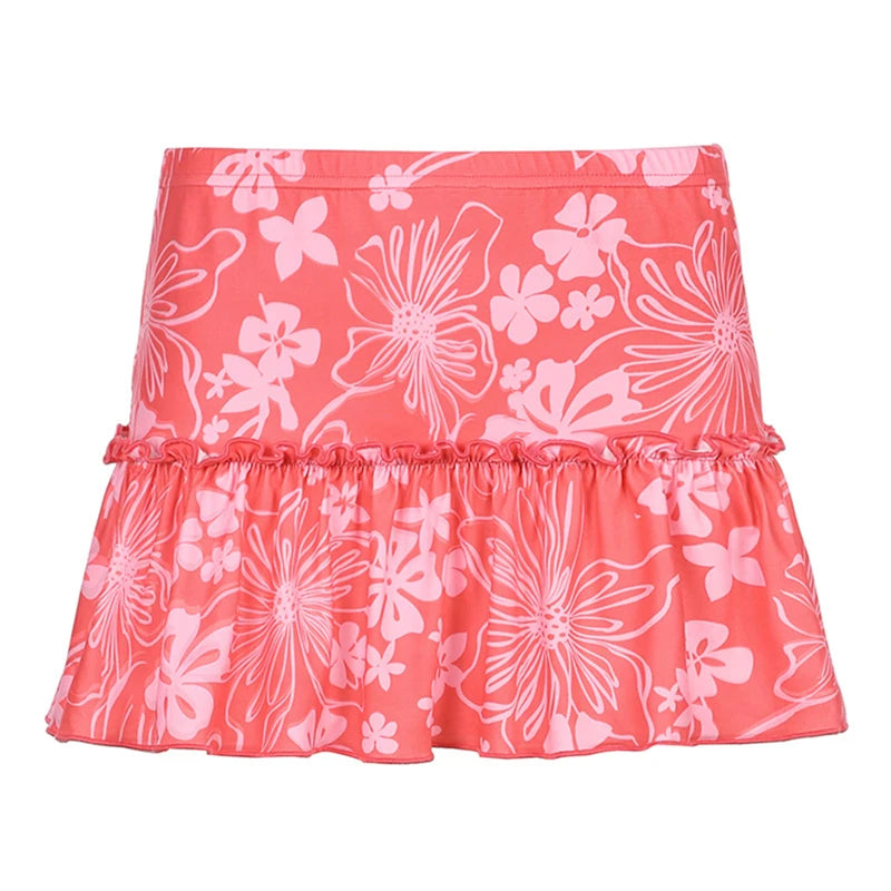 Minifalda de corte A para mujer, estilo años 90, cintura alta, estampado floral, ribete de volantes, por encima de la rodilla, estilo Y2K, ropa de calle