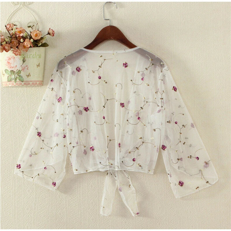 Blusas y tops de mujer, blusa floral de verano, cárdigan, ropa exterior fina, blusa ahuecada, blusa elegante femenina