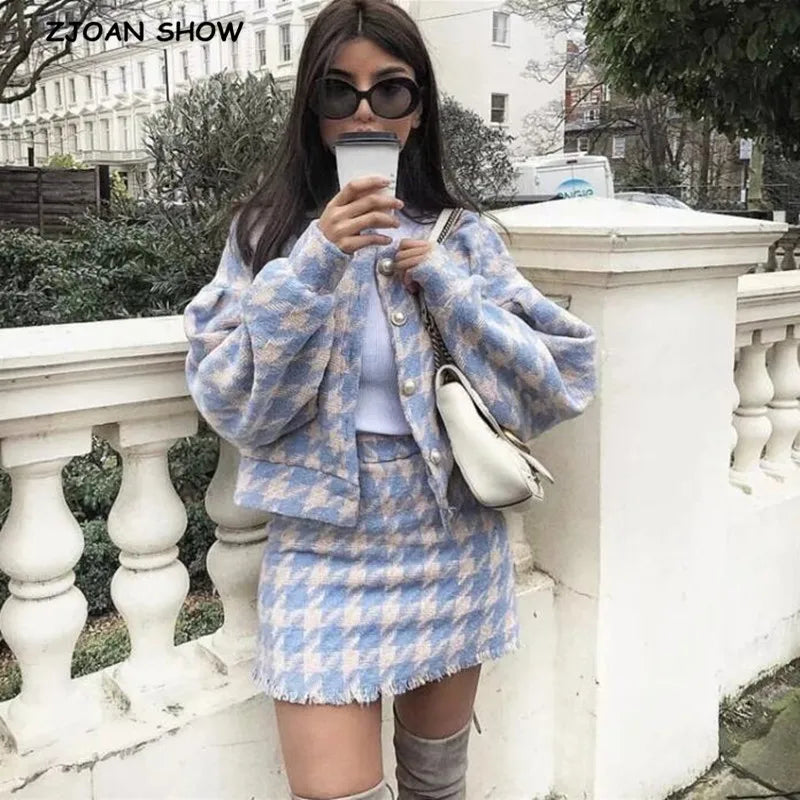 Conjunto de 2 piezas de blazer vintage a cuadros con botones de perla y cuadros vichy para mujer, cintura alta, corte en A, minifalda corta y manga larga