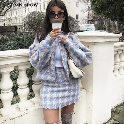 Conjunto de 2 piezas de blazer vintage a cuadros con botones de perla y cuadros vichy para mujer, cintura alta, corte en A, minifalda corta y manga larga