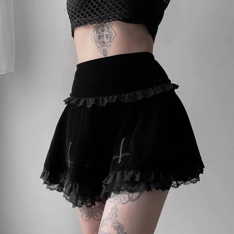 Minifalda plisada de cintura alta con estampado de cruz punk Y2K, estilo gótico grunge, de encaje negro, estilo vintage, para mujer y chica electrónica.