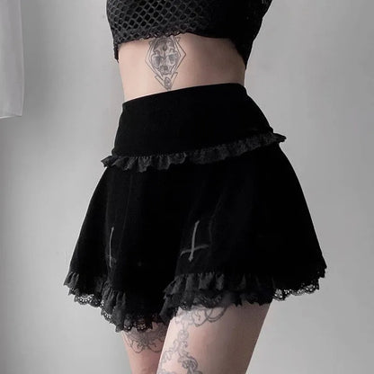 Minifalda plisada de cintura alta con estampado de cruz punk Y2K, estilo gótico grunge, de encaje negro, estilo vintage, para mujer y chica electrónica.