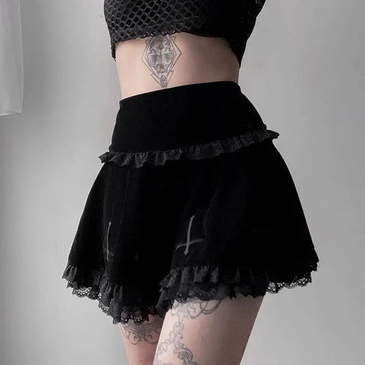 Punk Cross Pattern Mini Skirt Y2K Grunge Gothic Black Lace High Waist Pleated A-line Skirt Vintage Women E-girl Clothes