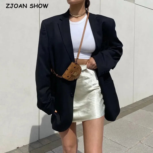 Spring Autumn Free style one Button Oversized Blazer Boyfriend Vintage Women Mid Long Suit Loose Female Coat Black