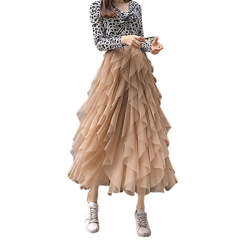 Autumn Winter Vintage Layered Tulle Skirt Women Elastic High Waist Mesh Skirts Long Pleated Tutu Skirt Jupe Longue