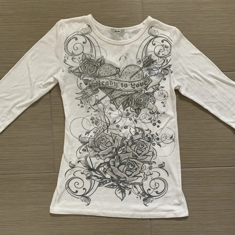 Fairycore Top White Cartoon Y2k Aesthetic T Shirt Long Sleeve O Neck Pullovers Wome Autumn Harajuku Tee Casual Basic