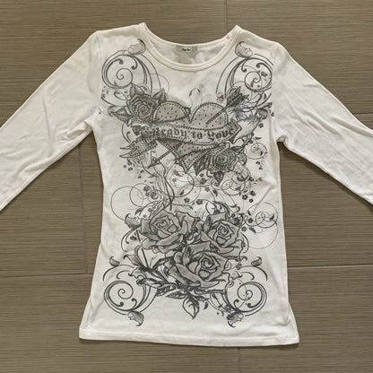 Fairycore Top White Cartoon Y2k Aesthetic T Shirt Long Sleeve O Neck Pullovers Wome Autumn Harajuku Tee Casual Basic