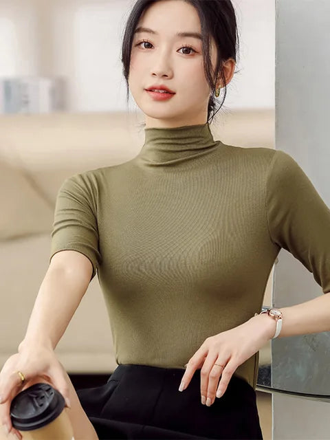 Blusa de seda de leche con cuello alto y manga corta para mujer, blusa ajustada de color liso, básica y de tendencia, blusa de calle para mujer