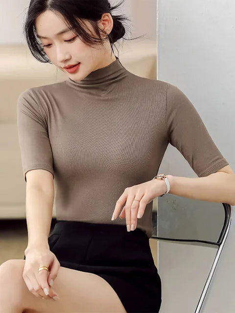 Blusa de seda de leche con cuello alto y manga corta para mujer, blusa ajustada de color liso, básica y de tendencia, blusa de calle para mujer