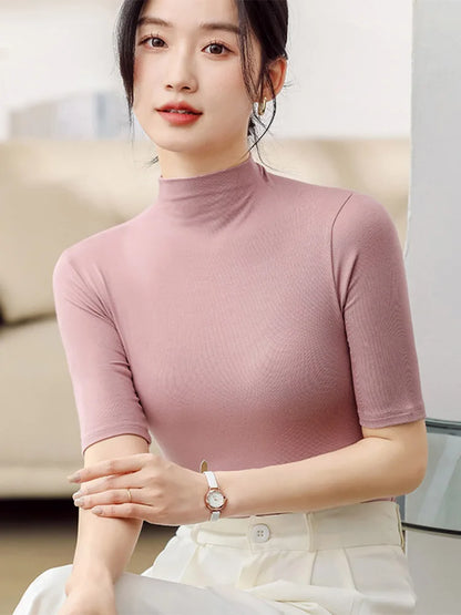 Blusa de seda de leche con cuello alto y manga corta para mujer, blusa ajustada de color liso, básica y de tendencia, blusa de calle para mujer