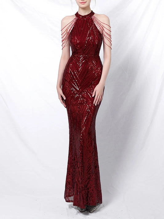 Halter Neck Elegant Sequined Evening Dresses Crystal Tassel Hip Skirt Solid Sleeveless Rhinestone Decoration Long Dress Women