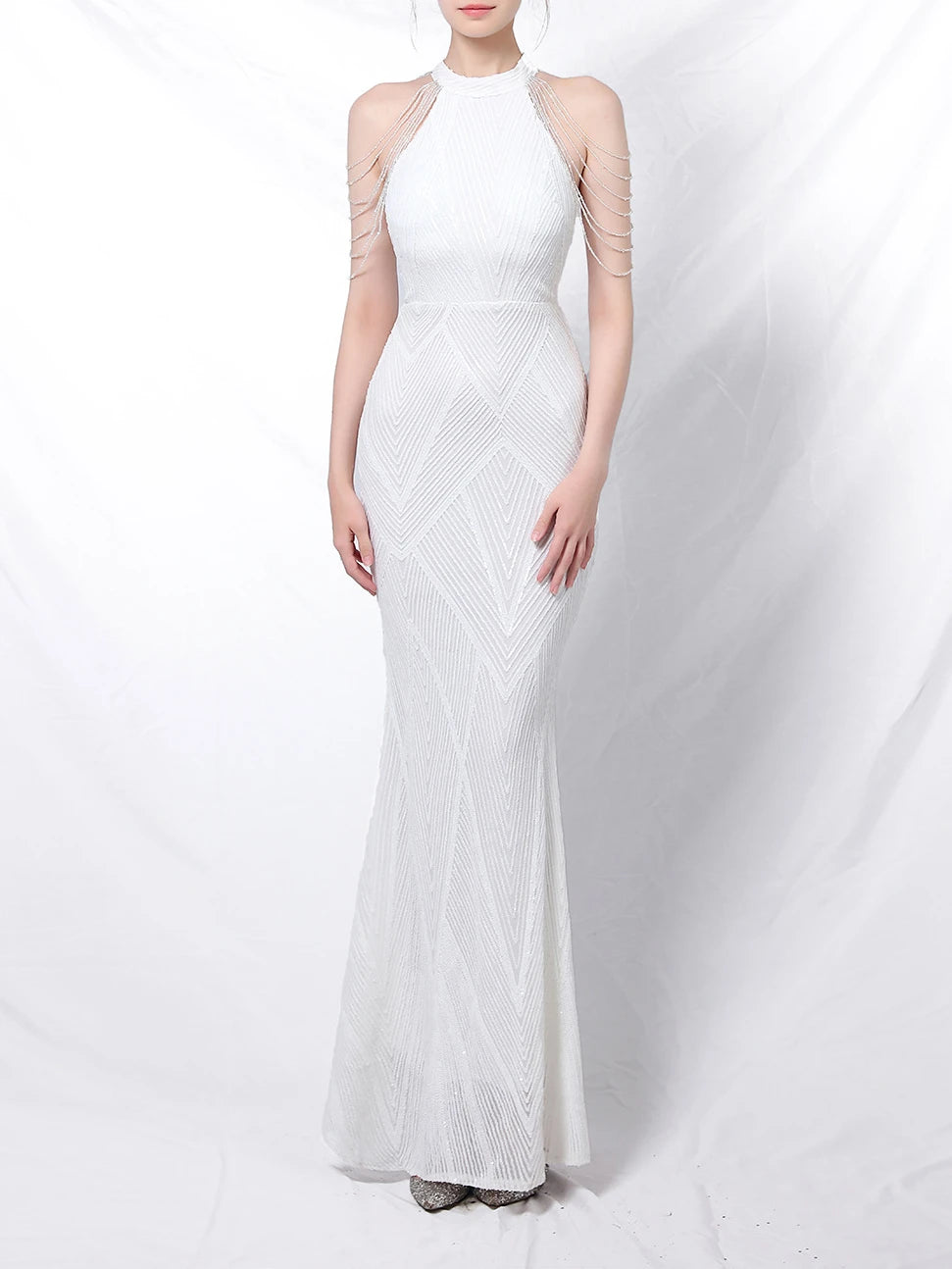 Vestido de noche elegante con cuello halter y lentejuelas, falda a la cadera con borlas de cristal, sin mangas, liso, con decoración de diamantes de imitación, vestido largo para mujer