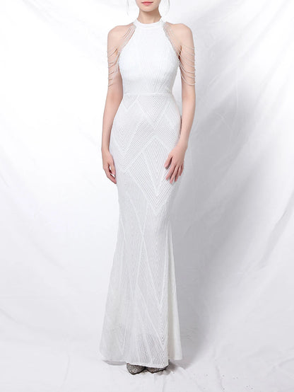 Vestido de noche elegante con cuello halter y lentejuelas, falda a la cadera con borlas de cristal, sin mangas, liso, con decoración de diamantes de imitación, vestido largo para mujer