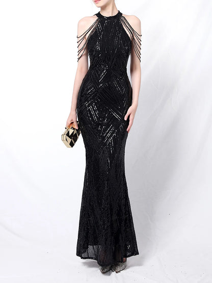 Vestido de noche elegante con cuello halter y lentejuelas, falda a la cadera con borlas de cristal, sin mangas, liso, con decoración de diamantes de imitación, vestido largo para mujer