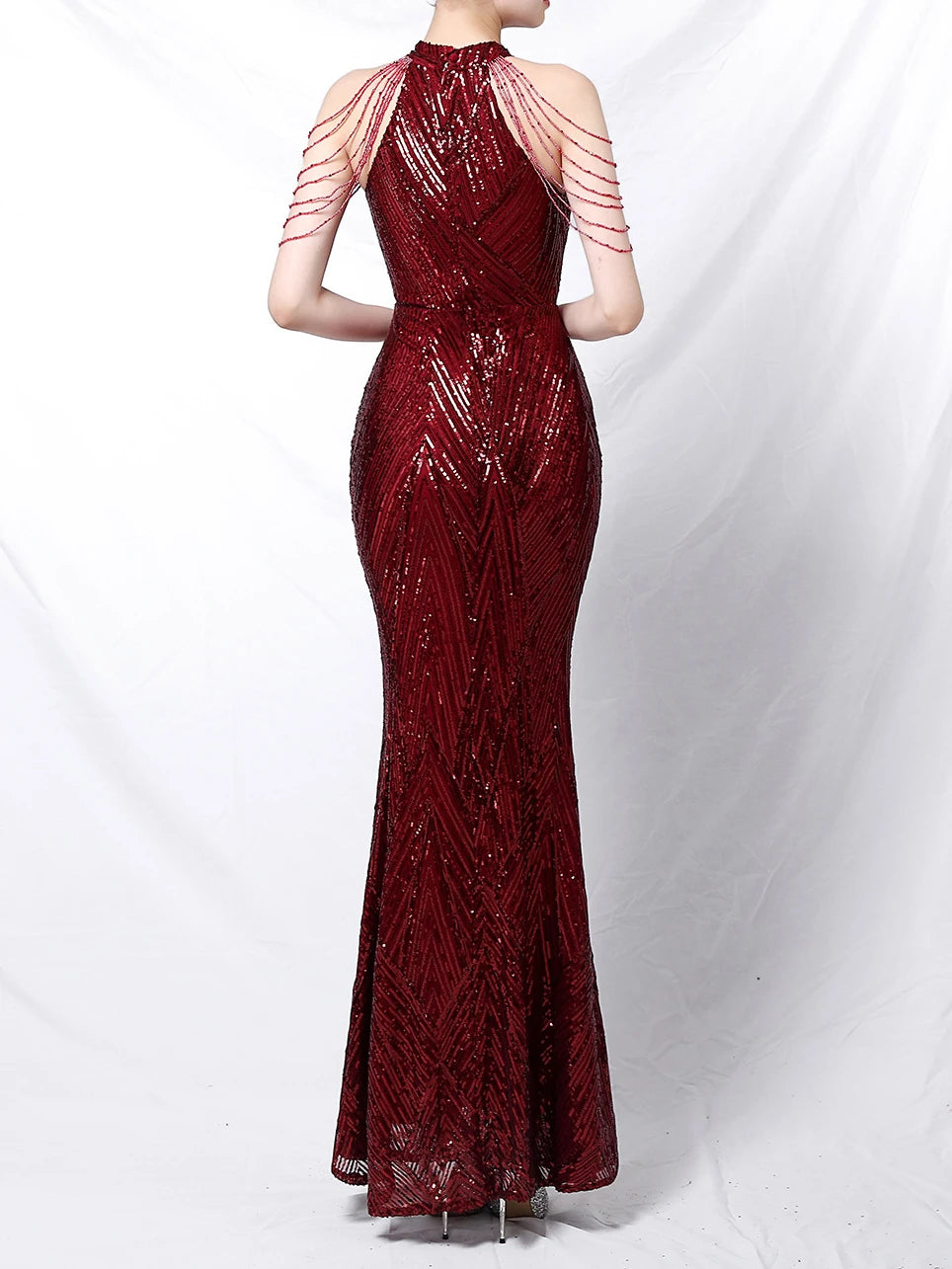 Vestido de noche elegante con cuello halter y lentejuelas, falda a la cadera con borlas de cristal, sin mangas, liso, con decoración de diamantes de imitación, vestido largo para mujer