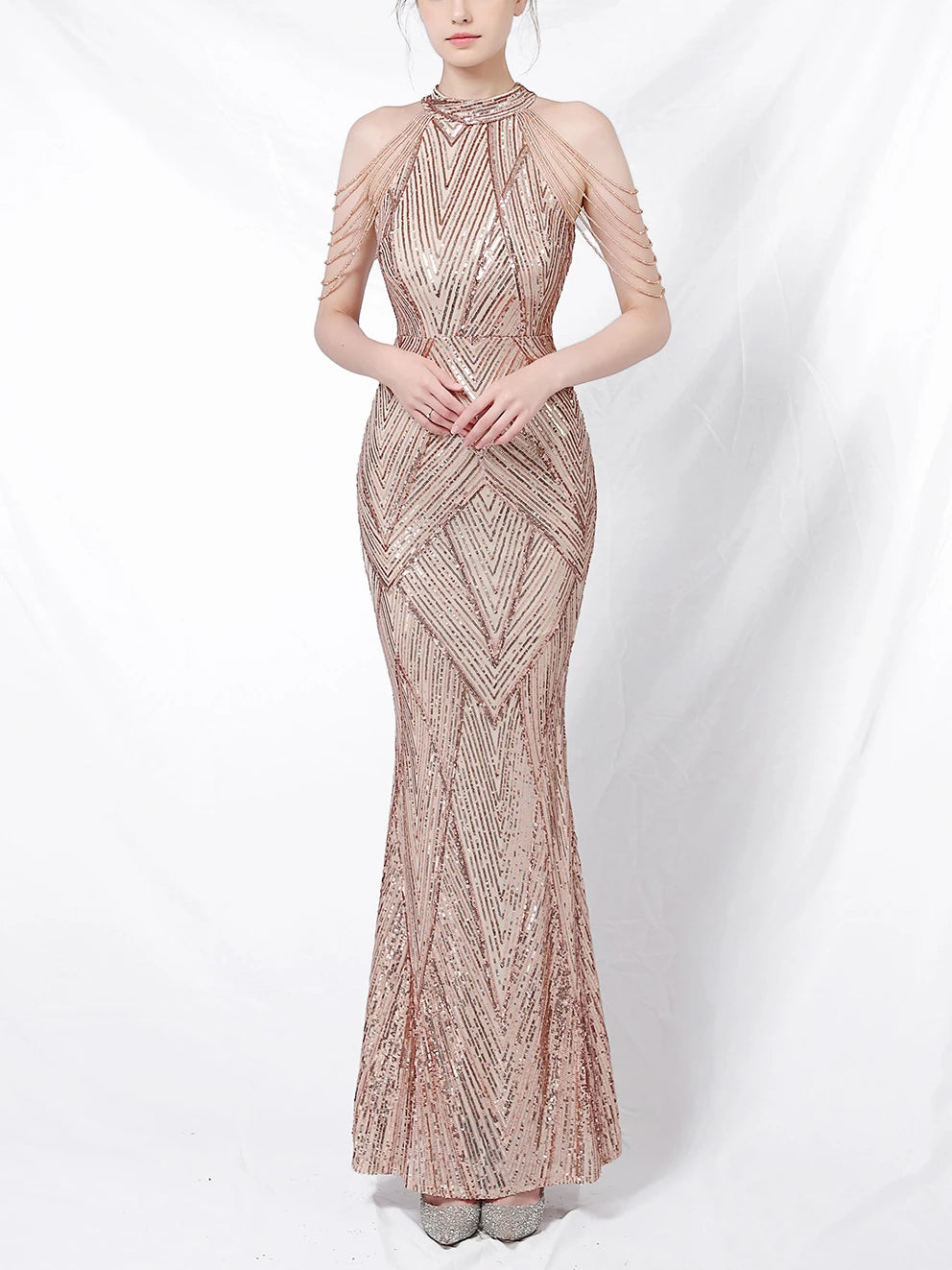 Vestido de noche elegante con cuello halter y lentejuelas, falda a la cadera con borlas de cristal, sin mangas, liso, con decoración de diamantes de imitación, vestido largo para mujer