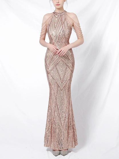 Vestido de noche elegante con cuello halter y lentejuelas, falda a la cadera con borlas de cristal, sin mangas, liso, con decoración de diamantes de imitación, vestido largo para mujer