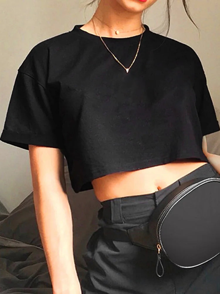 Camiseta Harajuku divertida Y2K para mujer, top corto informal negro para mujer, camiseta de ombligo, camiseta corta holgada de cuello redondo, ropa de calle de verano