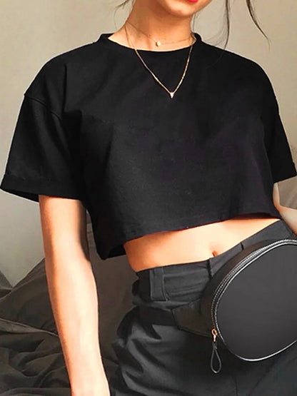 Camiseta Harajuku divertida Y2K para mujer, top corto informal negro para mujer, camiseta de ombligo, camiseta corta holgada de cuello redondo, ropa de calle de verano