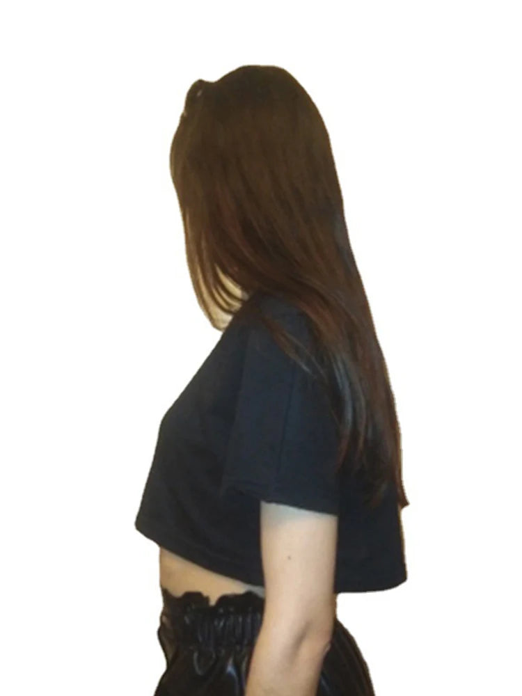 Camiseta Harajuku divertida Y2K para mujer, top corto informal negro para mujer, camiseta de ombligo, camiseta corta holgada de cuello redondo, ropa de calle de verano