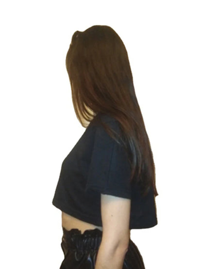 Camiseta Harajuku divertida Y2K para mujer, top corto informal negro para mujer, camiseta de ombligo, camiseta corta holgada de cuello redondo, ropa de calle de verano