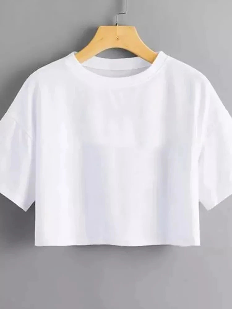 Camiseta Harajuku divertida Y2K para mujer, top corto informal negro para mujer, camiseta de ombligo, camiseta corta holgada de cuello redondo, ropa de calle de verano