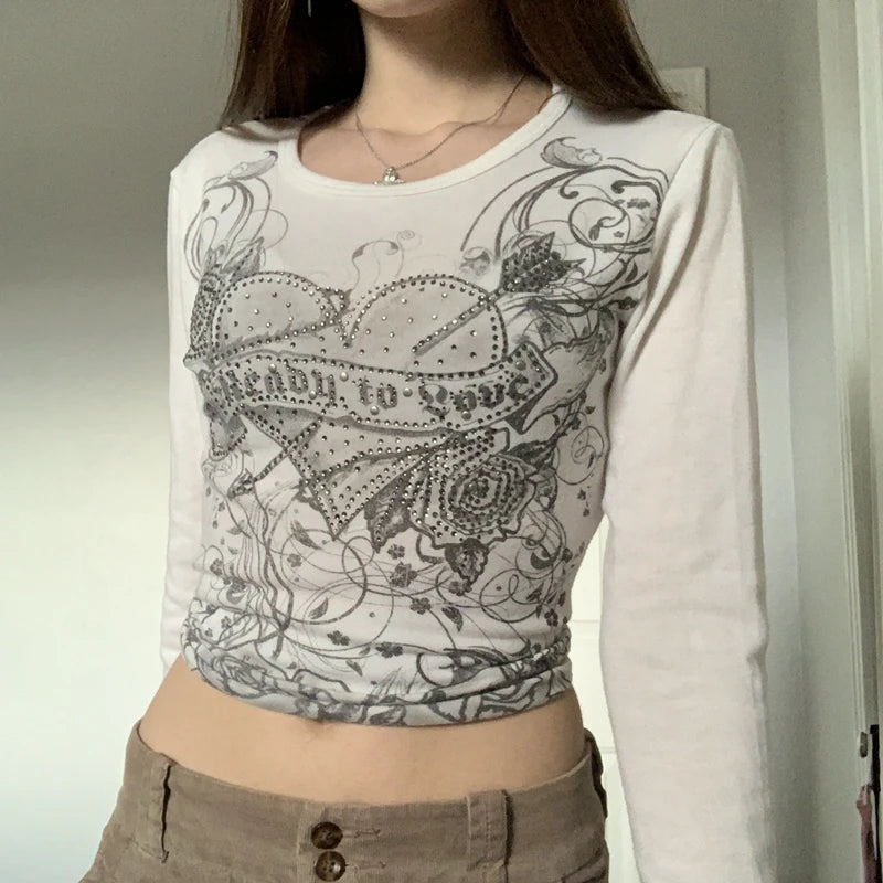 Graphics Print Y2K Retro T Shirt Indie Aesthetics Mall Goth Sweats Tees Autumn Spring Long Sleeve Crop Tops 90s Vintage Grunge