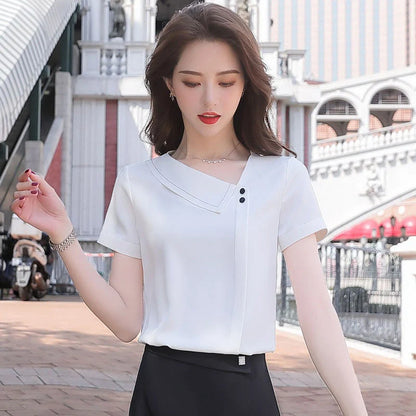Blusas de gasa estilo primavera-verano para mujer, informales, con cuello asimétrico, manga corta, DF4028