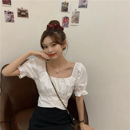 Lace up Backless Top Elegant Youth Woman Blouses Chic Fashion Short sleeve Summer Shirt Low cut Sexy  New