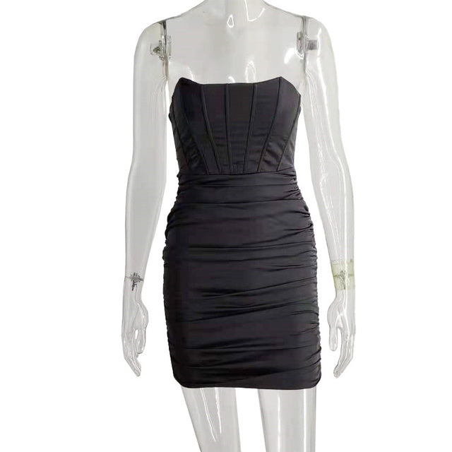 Satin Strapless Ruched Dress For Women Summer Off-shoulder Sleeveless Bodycon Party Clubwear Mini Dresses Vestidos