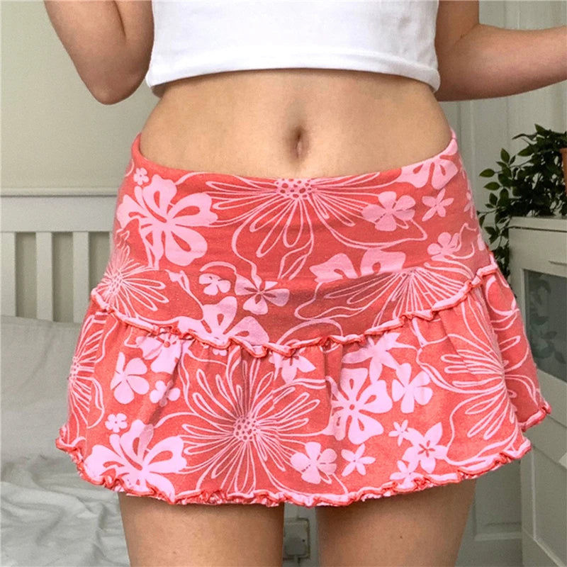 Minifalda de corte A para mujer, estilo años 90, cintura alta, estampado floral, ribete de volantes, por encima de la rodilla, estilo Y2K, ropa de calle
