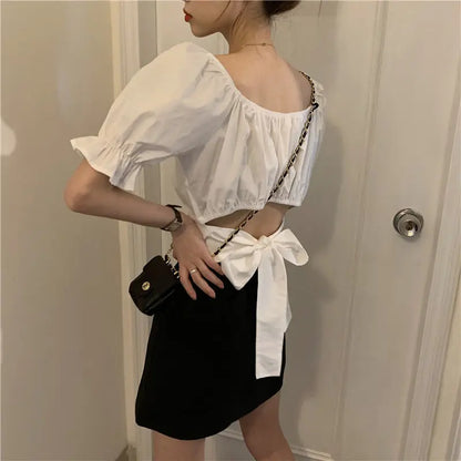 Lace up Backless Top Elegant Youth Woman Blouses Chic Fashion Short sleeve Summer Shirt Low cut Sexy  New