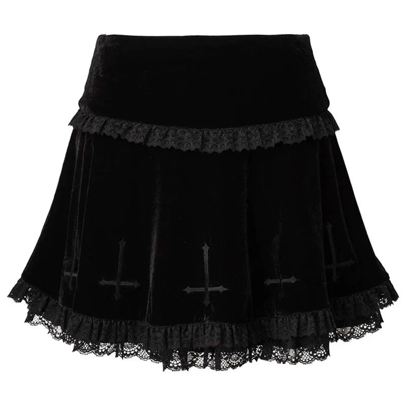 Minifalda plisada de cintura alta con estampado de cruz punk Y2K, estilo gótico grunge, de encaje negro, estilo vintage, para mujer y chica electrónica.