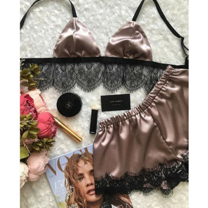 Pijamas de mujer, ropa de dormir sexy con sujetador de encaje, lencería de satén de seda, top corto, conjuntos de sujetador y pantalones cortos, cuello en V, sin mangas, ropa de dormir sin costuras, 2 piezas
