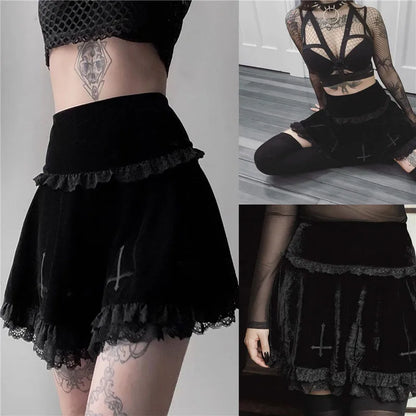 Minifalda plisada de cintura alta con estampado de cruz punk Y2K, estilo gótico grunge, de encaje negro, estilo vintage, para mujer y chica electrónica.